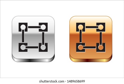 Black Blockchain technology icon isolated on white background. Cryptocurrency data. Abstract geometric block chain network technology business. Silver-gold square button. Vector Illustration