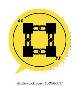 Black Blockchain technology icon isolated on white background. Cryptocurrency data. Abstract geometric block chain network technology business. Yellow speech bubble symbol. Vector Illustration