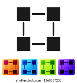 Black Blockchain technology icon on white background. Cryptocurrency data sign. Abstract geometric block chain network technology business. Set icon in color square buttons. Vector Illustration