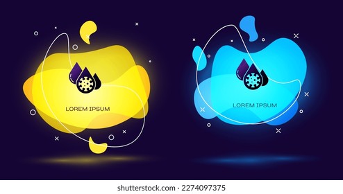 Black Blood test and virus molecule coronavirus icon isolated on black background. Coronavirus, COVID-19. 2019-nCoV. Abstract banner with liquid shapes. Vector