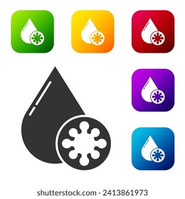 Black Blood test and virus molecule coronavirus icon isolated on white background. Coronavirus, COVID-19. 2019-nCoV. Set icons in color square buttons. Vector Illustration