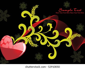 black bloom background with red heart, wave and floral