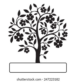 Black blossoming tree isolated on white background with a text frame. Vector illustration.