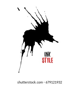 Black blot or splash on white background in ink style. Vector isolated illustration
