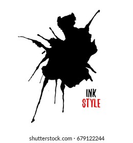 Black blot or splash on white background in ink style. Vector isolated illustration