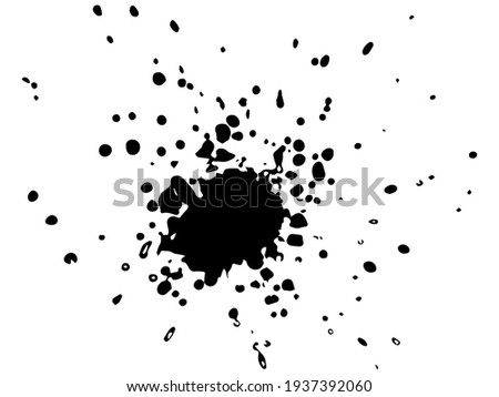 Black blot with splashes. Spilled ink with dots droplets white paper random smudges silhouettes with creative dirt monochrome drawing of dripping blood and flowing vector liquid.