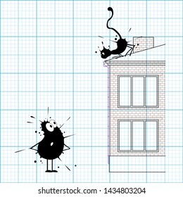 Black blot-cat on a roof of the drawn house.
Background is a graph paper pattern.