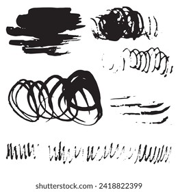 Black blots and doodles on a white background, isolated. Freehand drawing in ink in doodle style, vector.