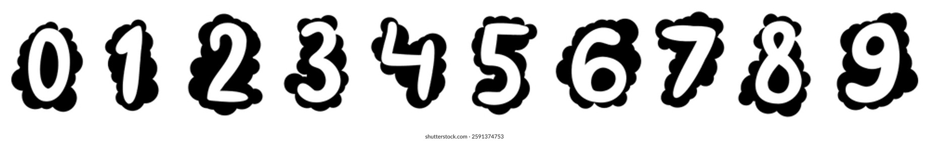 Black blots mathematical digits from 0 to 9 font collection set. Vector illustration in hand drawn doodle style isolated on white background. For birthday, learning, card, logo, sales, decorating.