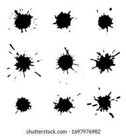 Black blots set. Silhouettes of ink spots. Template for brushes and shapes. Traces of liquid on paper. Tools for design. Outlines of prints on white. Abstract geometric patterns in vector.