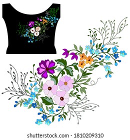 Black blouse, pink, purple, violet, lilac geraniums, blue wildflowers, gray herb twigs, green leaves, hand-drawn for embroidery on neckline blouse or dress, vector on a white background