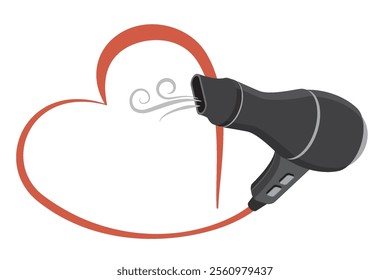 Black blow dryer with heart. Love design. Vector illustration on white background