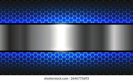Black and blue abstract background with hexagon pattern, dark background with silver metal banner for business presentation, 3D vector illustration.