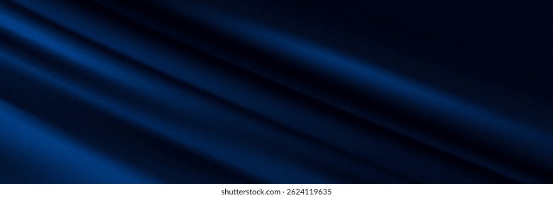 Black blue abstract background. Silk satin. Curtain, drapery. Shiny fabric. Dark. Wavy soft pleats. Navy blue elegant luxury background. Liquid wave effect. Gradient.