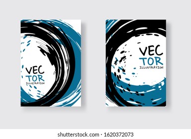Black and blue abstract design set. Ink paint on brochure, Monochrome element isolated on white. Grunge banner paints. Simple composition. Liquid ink. Background for banner, card, poster,web design.