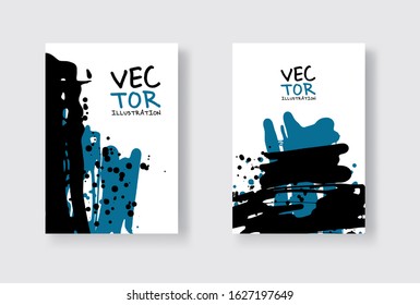 Black and blue abstract design set. Ink paint on brochure, Monochrome element isolated on white. Grunge banner paints. Simple composition. Liquid ink. Background for banner, card, poster, web design.