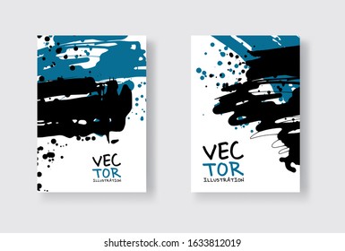 Black and blue abstract design set. Ink paint on brochure, Monochrome element isolated on white. Grunge banner paints. Simple composition. Liquid ink. Background for banner, card, poster, web design.