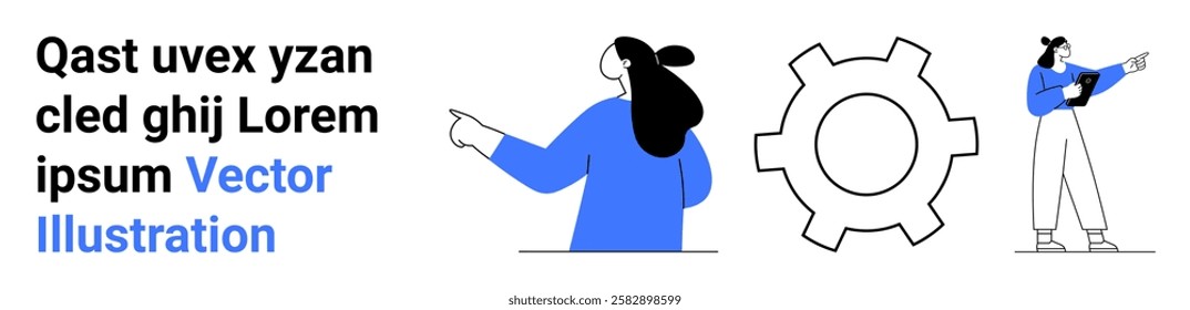 Black and blue abstract figures pointing, with a gear icon symbolizing teamwork and innovation. Ideal for digital marketing, technology, collaboration, creativity, and business. Banner for landing