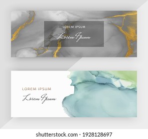 Black and blue alcohol ink with gold glitter texture horizontal banners for social media