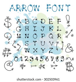 Black blue arrow alphabet uppercase letters.Hand drawn written with a soft watercolor paint brush pencil