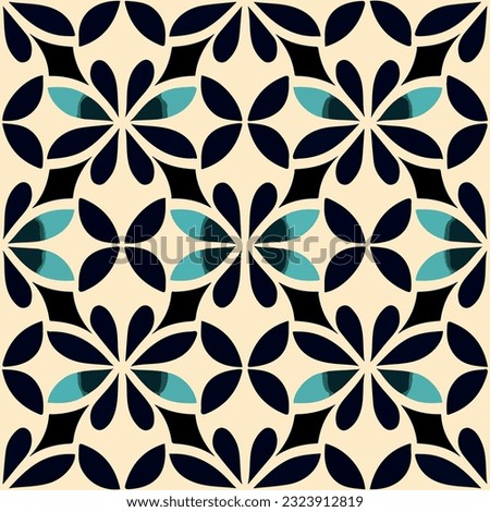 Black and blue art deco pattern on white background with seamless symmetry, creating visually pleasing and balanced design.