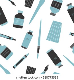 Black and blue art supplies on white background. Vector seamless pattern