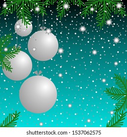 Black and blue background with confetti, silver balls and branches christmas tree. Merry Christmas and Happy New Year.