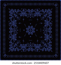 Schwarz-blaues Bandana. Abstrakte Muster Bär Blumen, Blumen, Hopfen, Bandana, paisley geometrische Linie Ornament. Schwarz Blaue Mustervorlage. Seidenhalsschal oder Kerchuch quadratisches Muster Design.