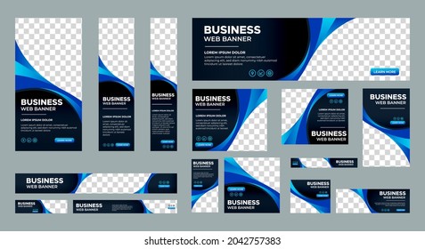 Black and Blue banner design web template Set, Horizontal header web banner. Modern Gradient Blue cover header background for website design, Social Media Cover ads banner, flyer, invitation card