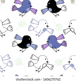 Black and blue bird and their contours on a white background. Vector pattern suitable for baby textiles.