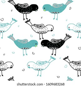 Black and blue birds and their contours on a white background vector pattern