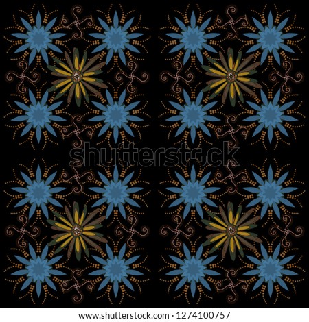 Black, blue and brown colors vector seamless pattern with many flowers.