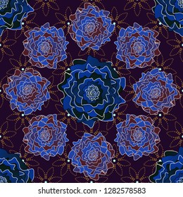 Black, blue and brown vector illustration. Floral illusion seamless pattern.