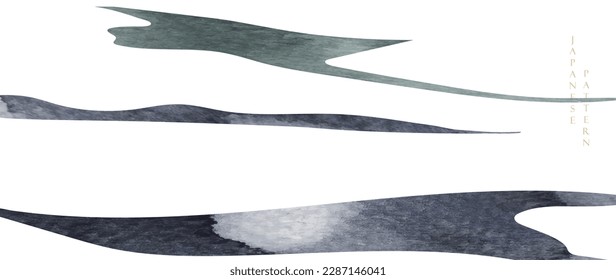 Black and blue brush stroke texture with Japanese ocean wave pattern in vintage style. Abstract art landscape banner design with watercolor texture vector