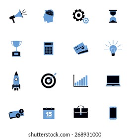Black and blue business icons flat set with finance strategy idea symbols isolated vector illustration
