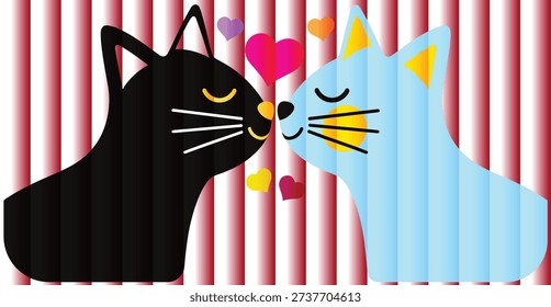 Black and blue cats touching noses with hearts design.