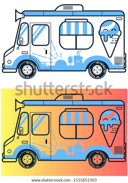 Black and blue classic Ice\
cream truck. Dark \
silhouette with blue decor details and\
transparent parts. Easy to use, because first picture is on a\
transparent background