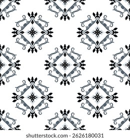 Black and blue damask seamless pattern illustration in traditional style - like Portuguese tiles. Graphic ornate pattern for wallpaper, tiles, porcelain, fabric, and textiles.