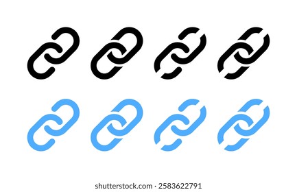 Black and blue distorted broken chain links in multiple orientations. Vector icon