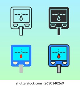Iconos de glucómetro plano negro y azul para medir los niveles de azúcar en la sangre. Ideal para conciencia diabética, materiales de farmacia o gráficos de salud clínica.