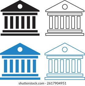 Black, blue flat and outline bank icons set. Government buildings architecture vectors. Building iconic columns. Suitable for website designs, logos and mobile apps isolated on transparent background.