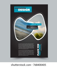 Black and blue flyer design template with built in images. Brochure for business, education, presentation, advertisement. Corporate identity concept. Editable vector illustration.