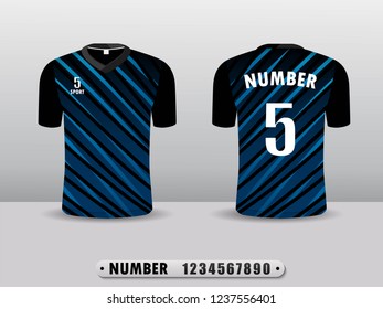 Black and blue football club t-shirt sport design template. Front and back view. Vector Illustration EPS10.