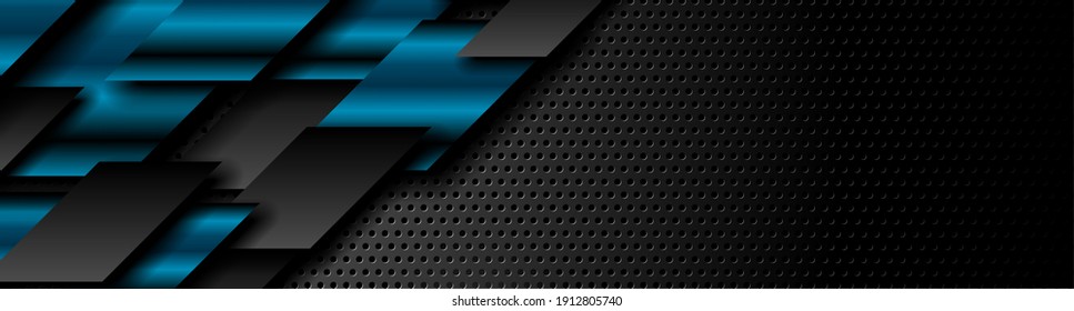 Black and blue glossy metal shapes on dark perforated background. Vector hi-tech geometric banner design