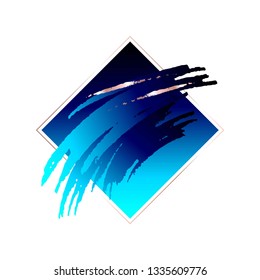 Black, blue and gold brush strokes, gold line square frame on a white background. 