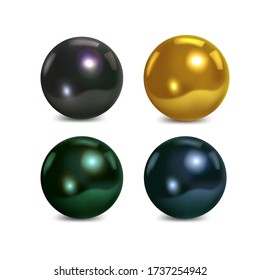 Black, blue, gold and green pearl on white background. Precious decoration. Vector illustration.