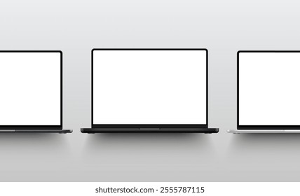 Black, Blue and Gold Laptops Mockups With Shadows, Blank Screens. Vector Illustration