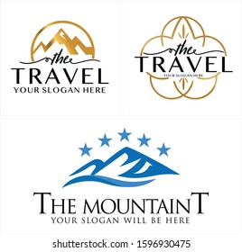 Black blue gold mountain star circle ornament luxury lettering logo design template suitable for travel hotel outdoor family hiking adventure company vacation recreation holiday village camp hill