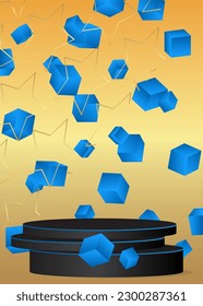 Black, Blue and Gold product display. Mockup cylinder pedestal podium. Abstract stage showcase for presentation. Realistic vector Futuristic room, Sci-fi minimal geometric forms.