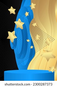 Black, Blue and Gold product display. Mockup cylinder pedestal podium. Abstract stage showcase for presentation. Realistic vector Futuristic room, Sci-fi minimal geometric forms.